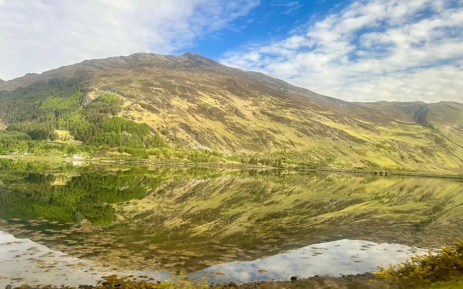 Una collina verde dorata riflessa in un loch immobile